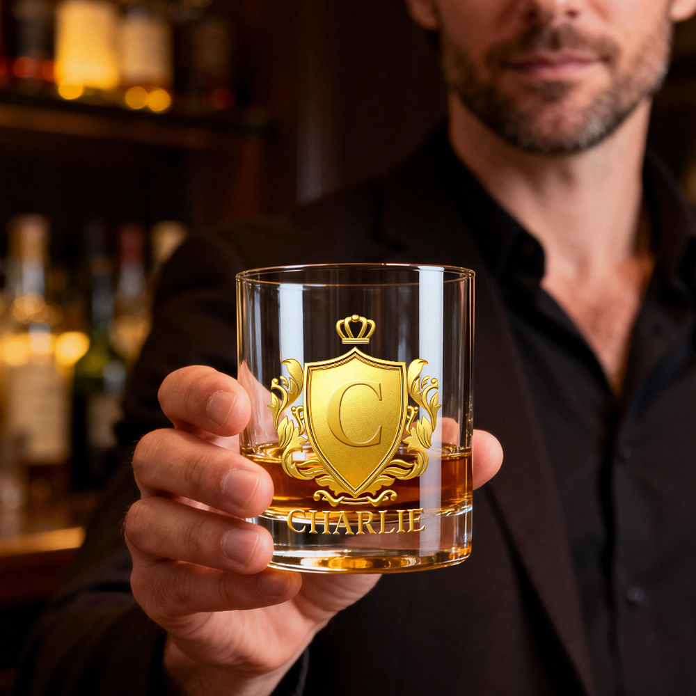 Custom Golden 2D Flat Printing Badge 10 oz Rock Whiskey Glass Birthday Gift - Cheers with Legendary Man
