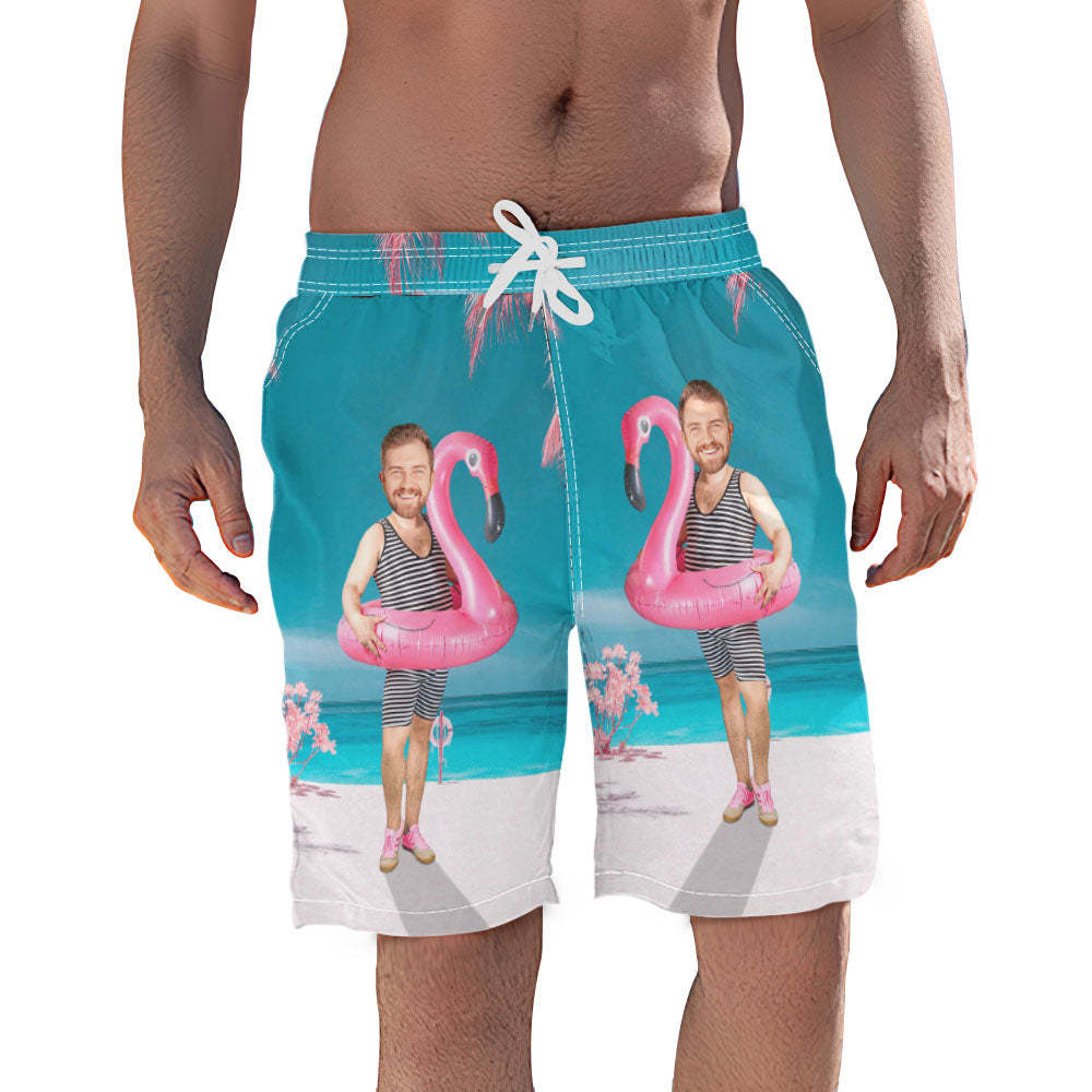 Custom Funny Face Flamingo Beach Shorts Flamingo Swim Ring Swim Trunks For Men - MyPhotoSocks