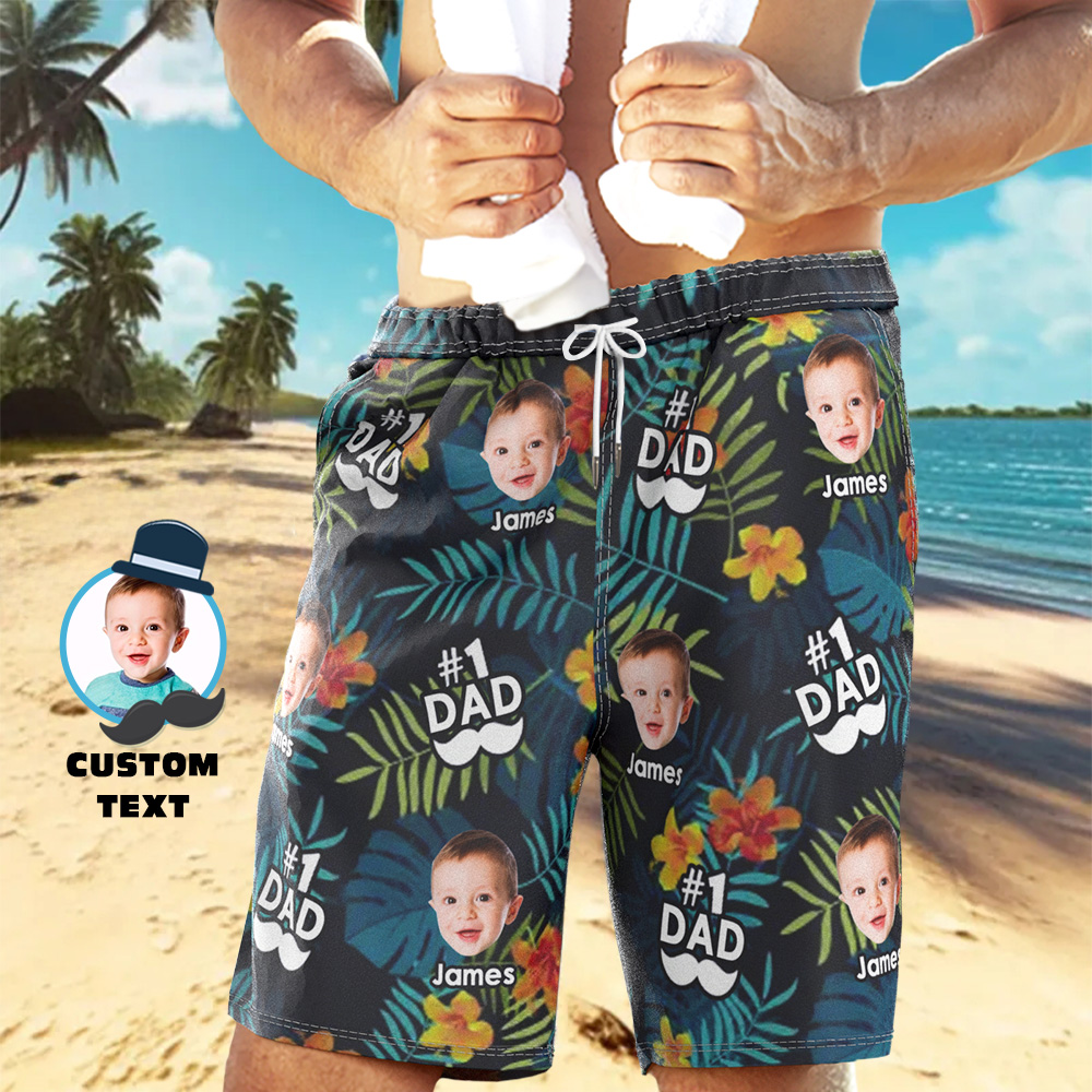 Personalized Face Mens Swim Trunks Custom Name Dad Beard Tropical Swim Shorts Fathers Day Gift - MyPhotoSocks