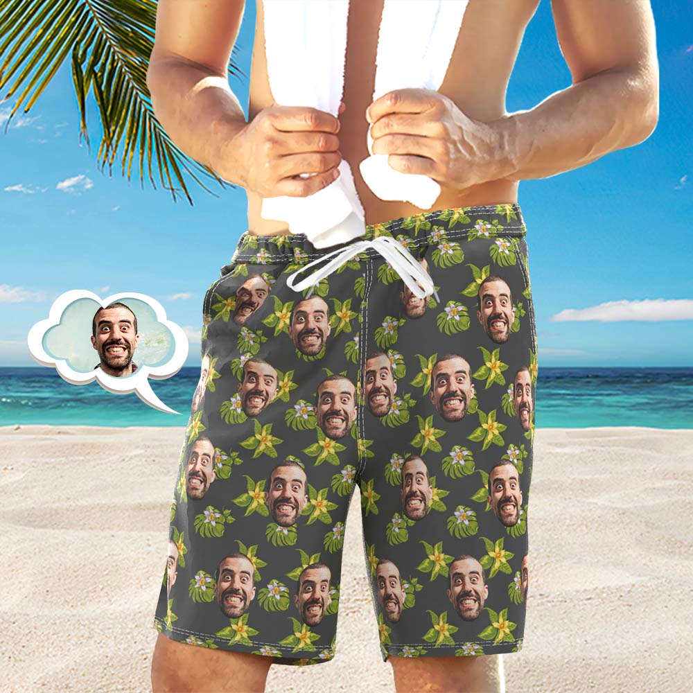 Men's Custom Face Beach Trunks All Over Print Photo Shorts - Green And White Flower-MyPhotoSocks