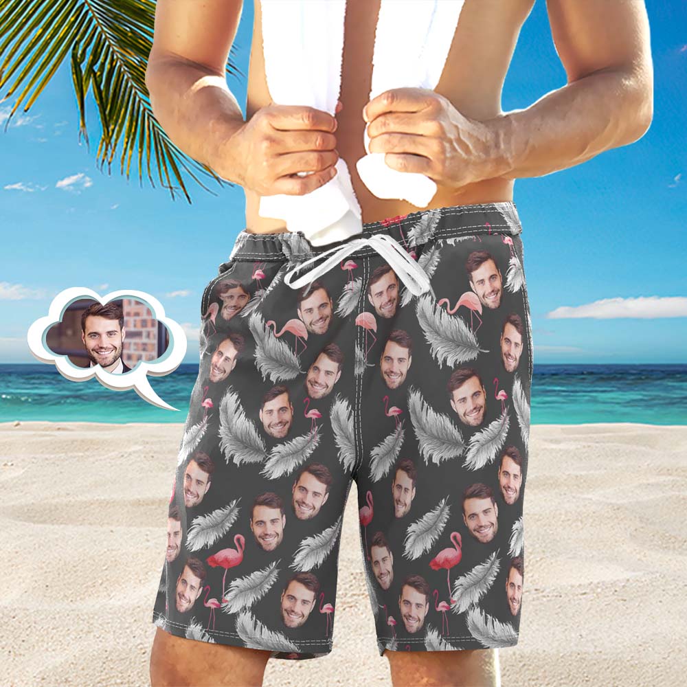 Men's Custom Face Beach Trunks All Over Print Photo Shorts - Feather And Flamingo Black-MyPhotoSocks