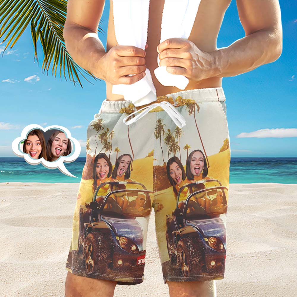 Men's Custom Face Beach Trunks All Over Print Photo Shorts - Driving on the Beach-MyPhotoSocks