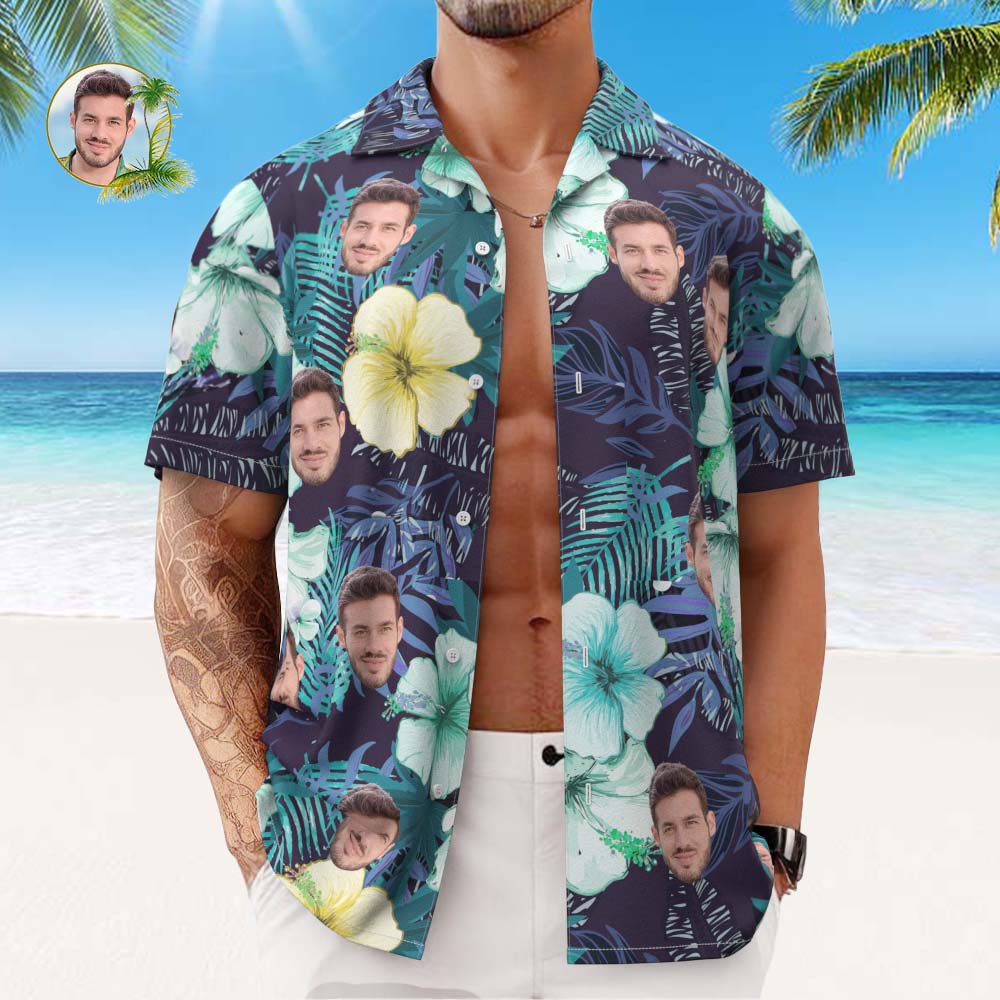 Custom Face Hawaiian Shirt Men's All Over Print Aloha Shirt Gift - Green flowers - MyPhotoSocks