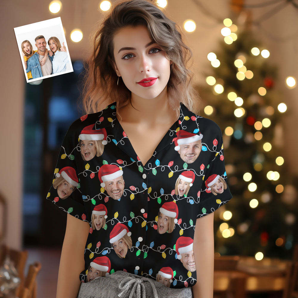 Custom Face Women's Hawaiian Shirts Personalized Photo Christmas Family Xmas Leds Aloha Shirts - MyPhotoSocks