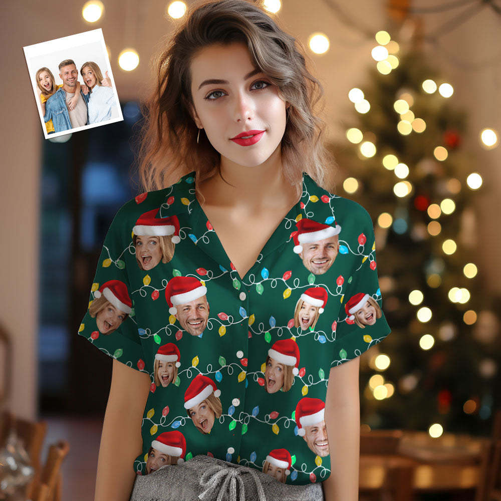 Custom Face Women's Hawaiian Shirts Personalized Photo Christmas Family Xmas Leds Aloha Shirts - MyPhotoSocks