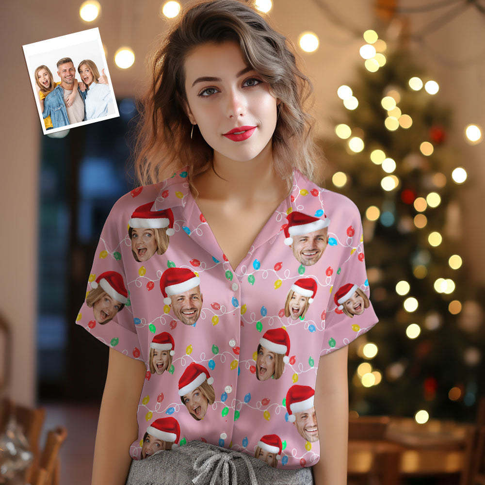 Custom Face Women's Hawaiian Shirts Personalized Photo Christmas Family Xmas Leds Aloha Shirts - MyPhotoSocks