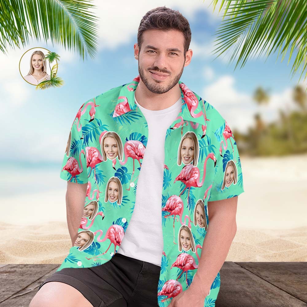 Custom Face Hawaiian Shirt Flamingo Tropical Shirt Couple Outfit ALL Over Printed Green and Palm Leaves - MyPhotoSocks