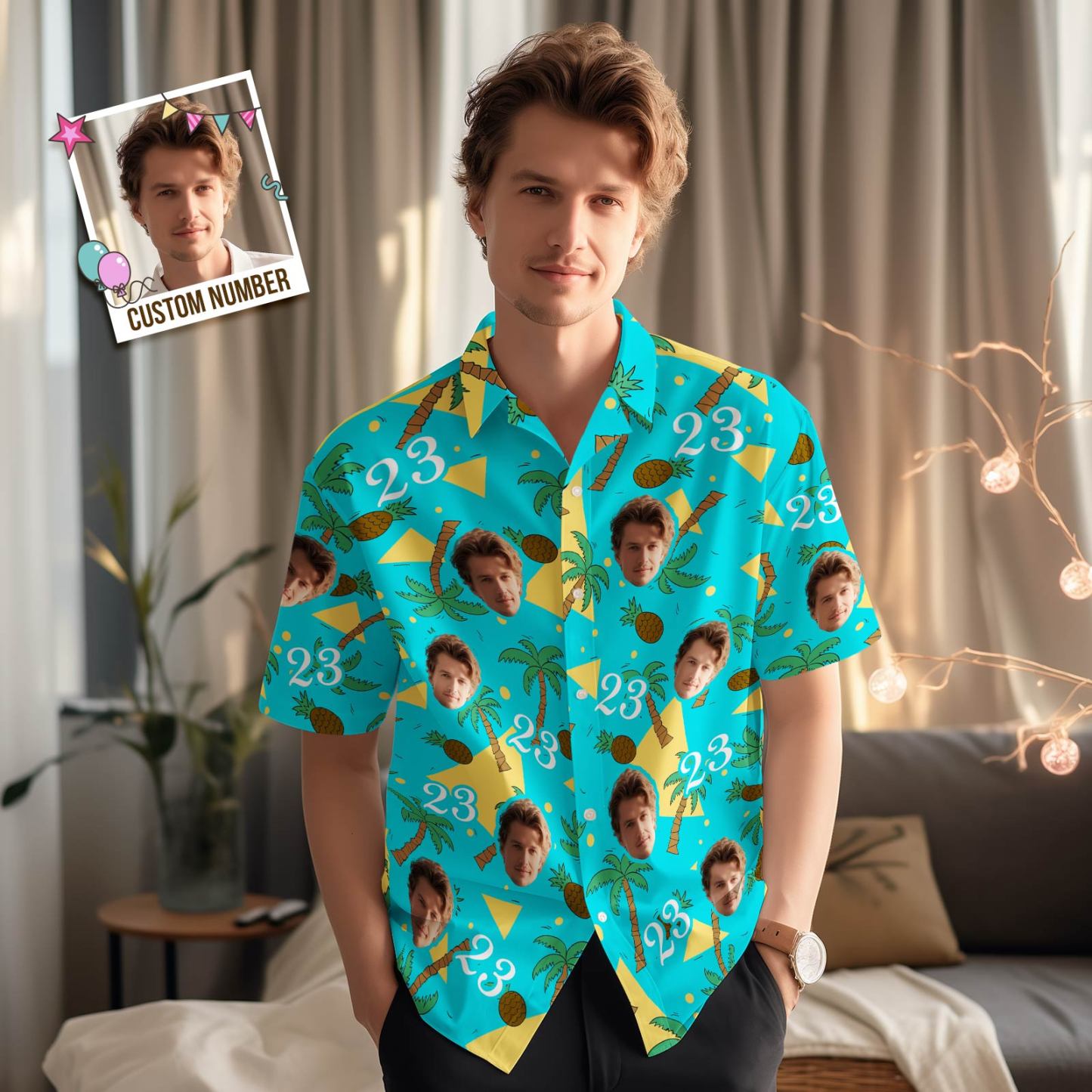 Custom Multi-color Face and Numbers Hawaiian Shirt Coconut Tree and Pineapple Gift for Men - MyPhotoSocks