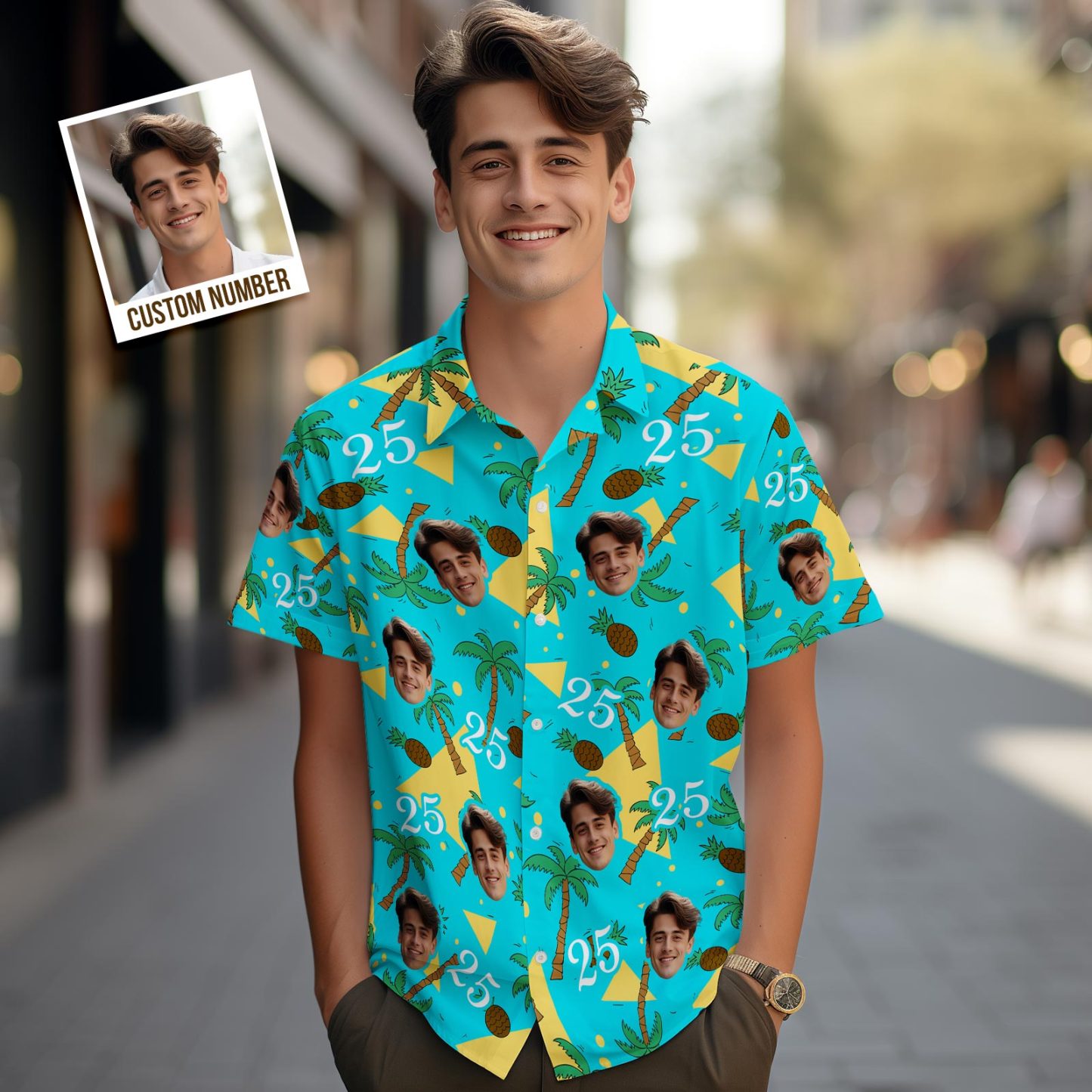 Custom Multi-color Face and Numbers Hawaiian Shirt Coconut Tree and Pineapple Gift for Men - MyPhotoSocks