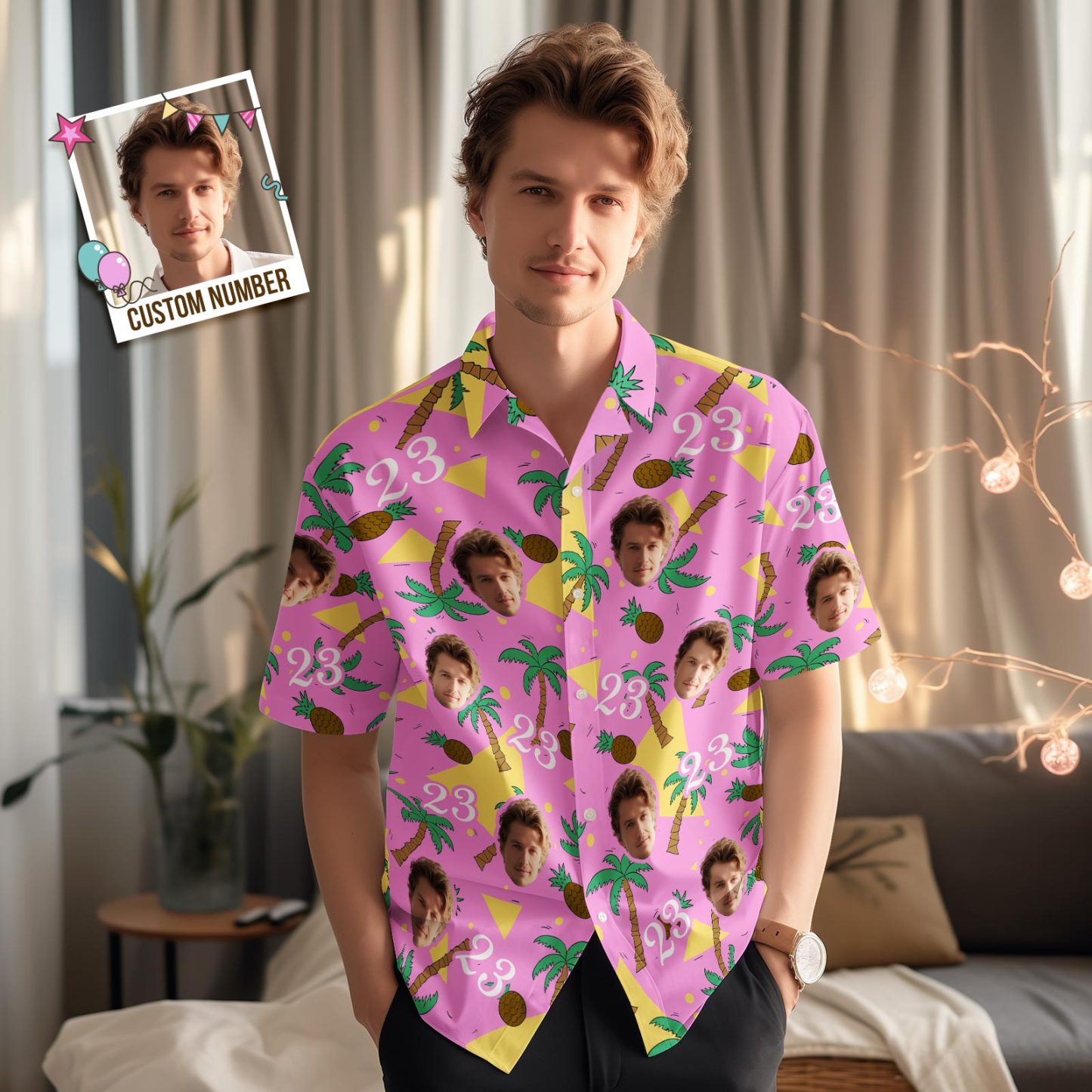 Custom Multi-color Face and Numbers Hawaiian Shirt Coconut Tree and Pineapple Gift for Men - MyPhotoSocks