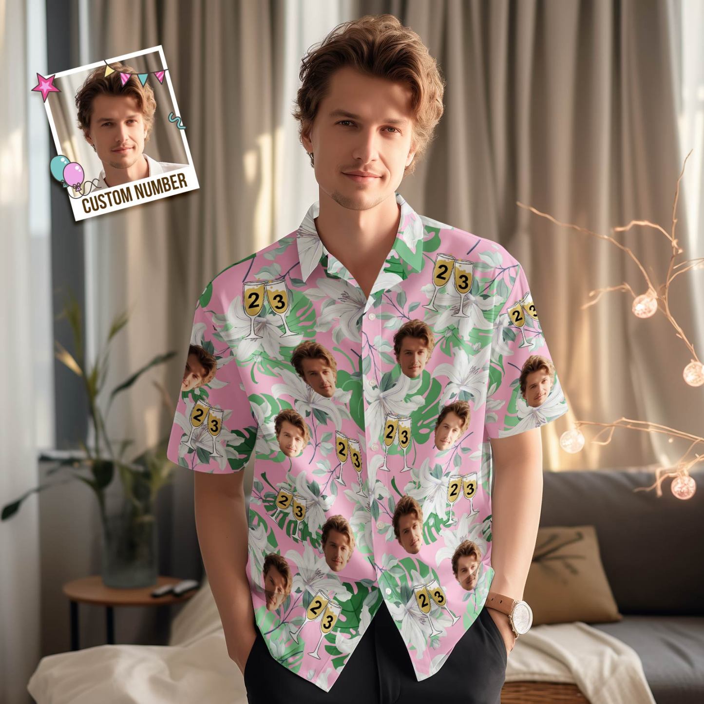 Custom Face Hawaiian Shirt Number in Wine Glass Pink And Green Sleeves Face Hawaiian Shirt Gift for Him - MyPhotoSocks