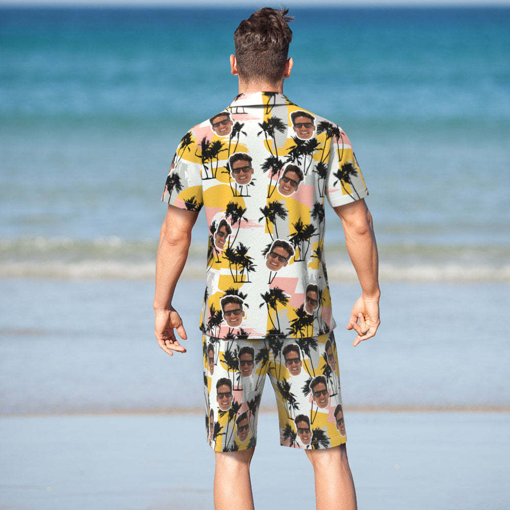Custom Face Hawaiian Shirt or Beach Shorts Personalized Men's Photo Random Palm Tree Print Hawaiian Attire Vacation Party Gift