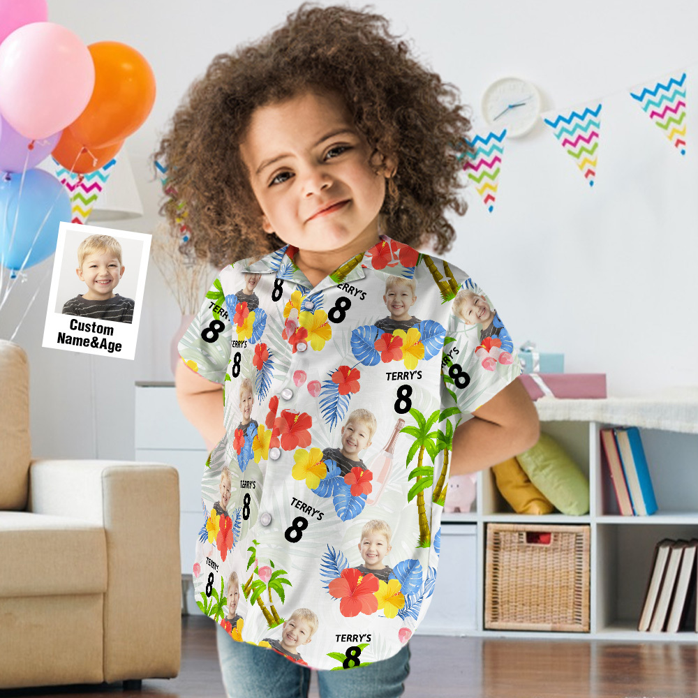 Custom Face Shirt Kid'Hawaiian Shirt Flower Birthday White - MyPhotoSocks