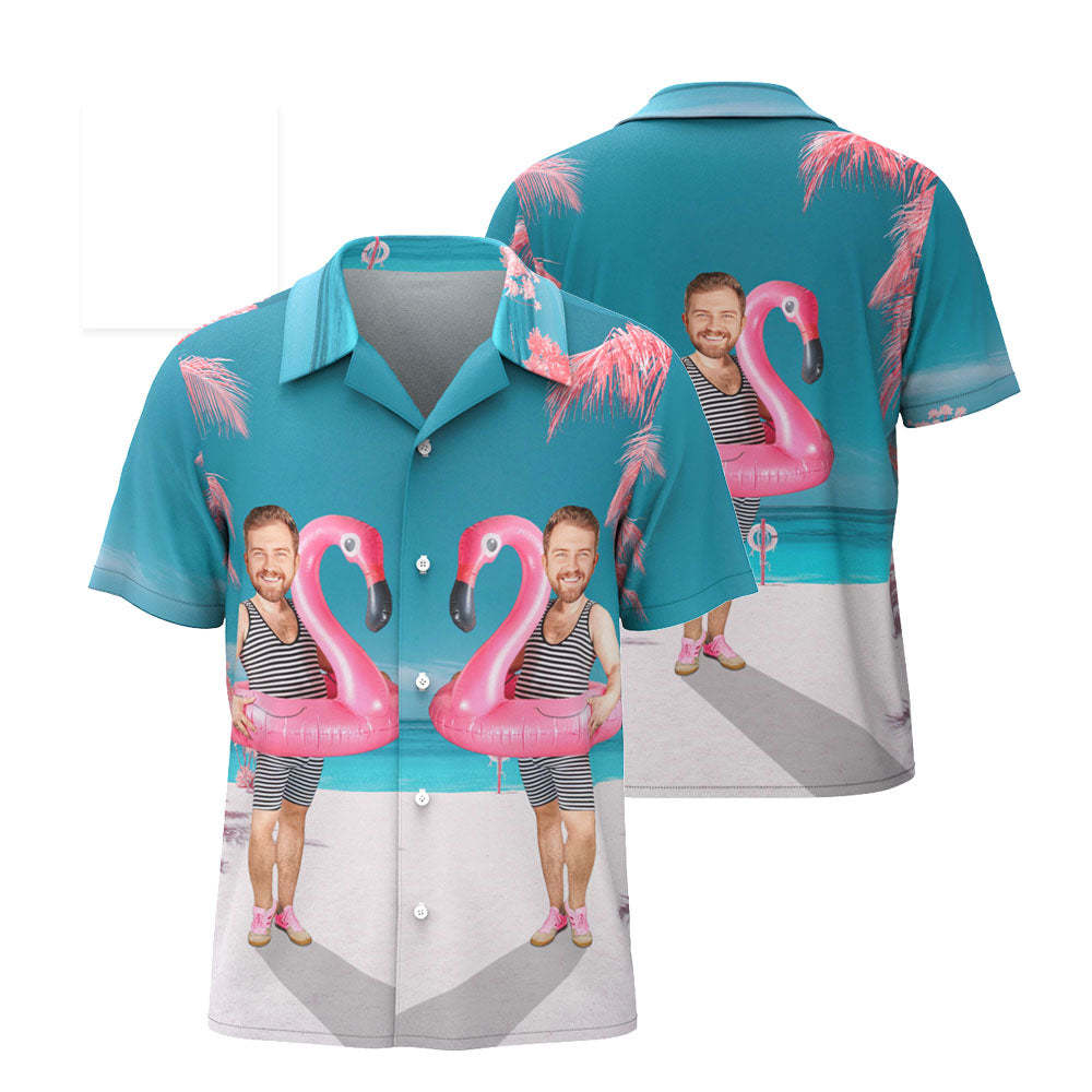Custom Funny Face Flamingo Hawaiian Shirt Flamingo Swim Ring Hawaiian Shirt For Men - MyPhotoSocks