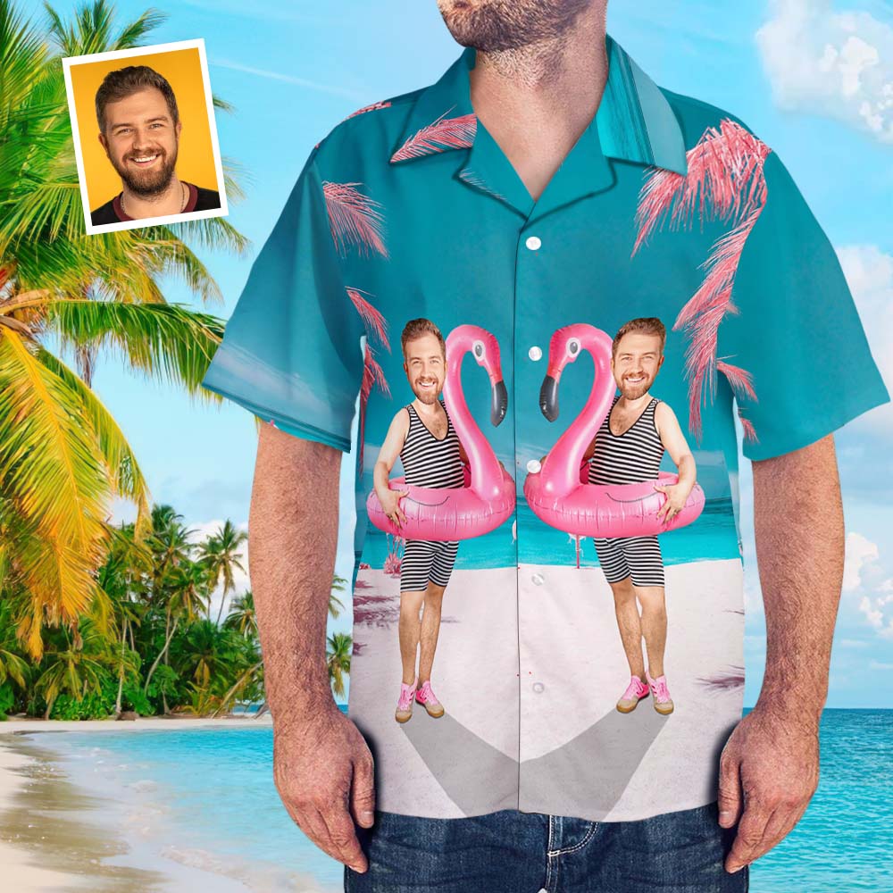 Custom Funny Face Flamingo Hawaiian Shirt Flamingo Swim Ring Hawaiian Shirt For Men - MyPhotoSocks