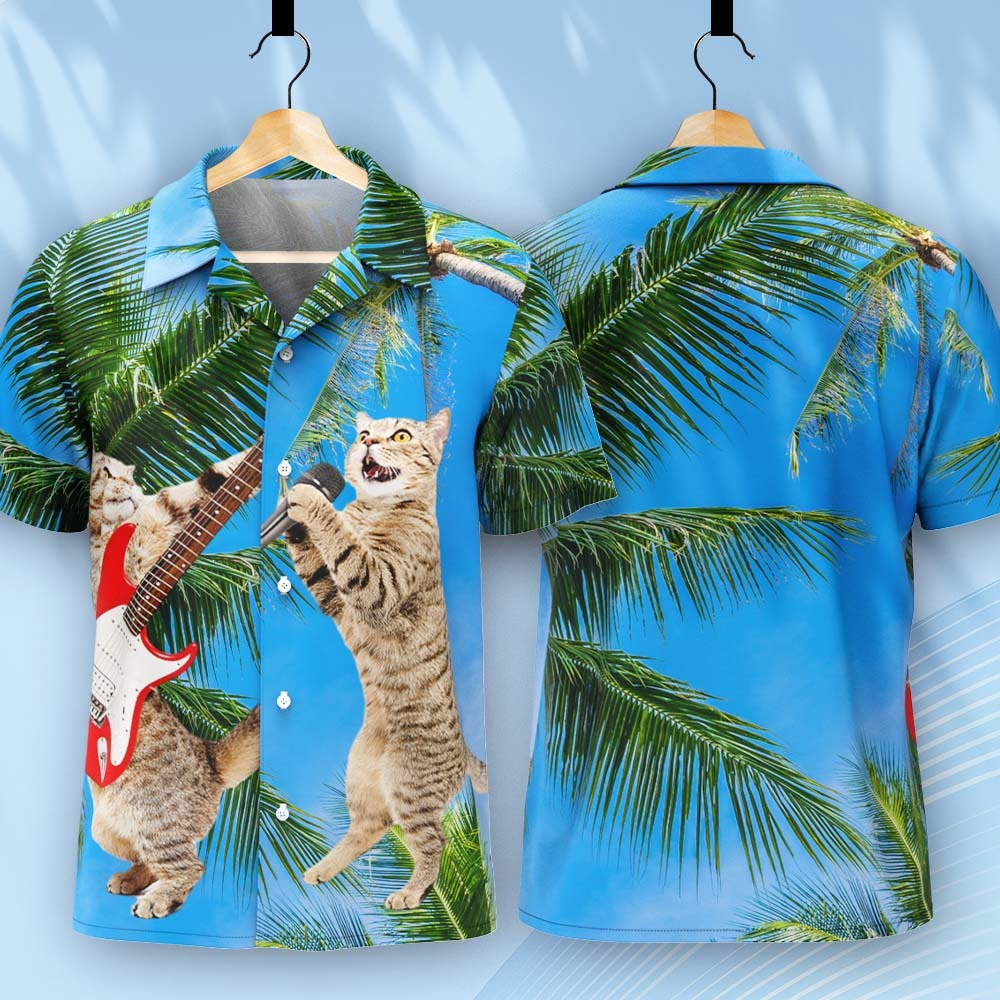 Custom Photo Hawaiian Shirt Tropical Coconut Tree Beach Hawaiian Shirt Men Cat Band Guitar - MyPhotoSocks