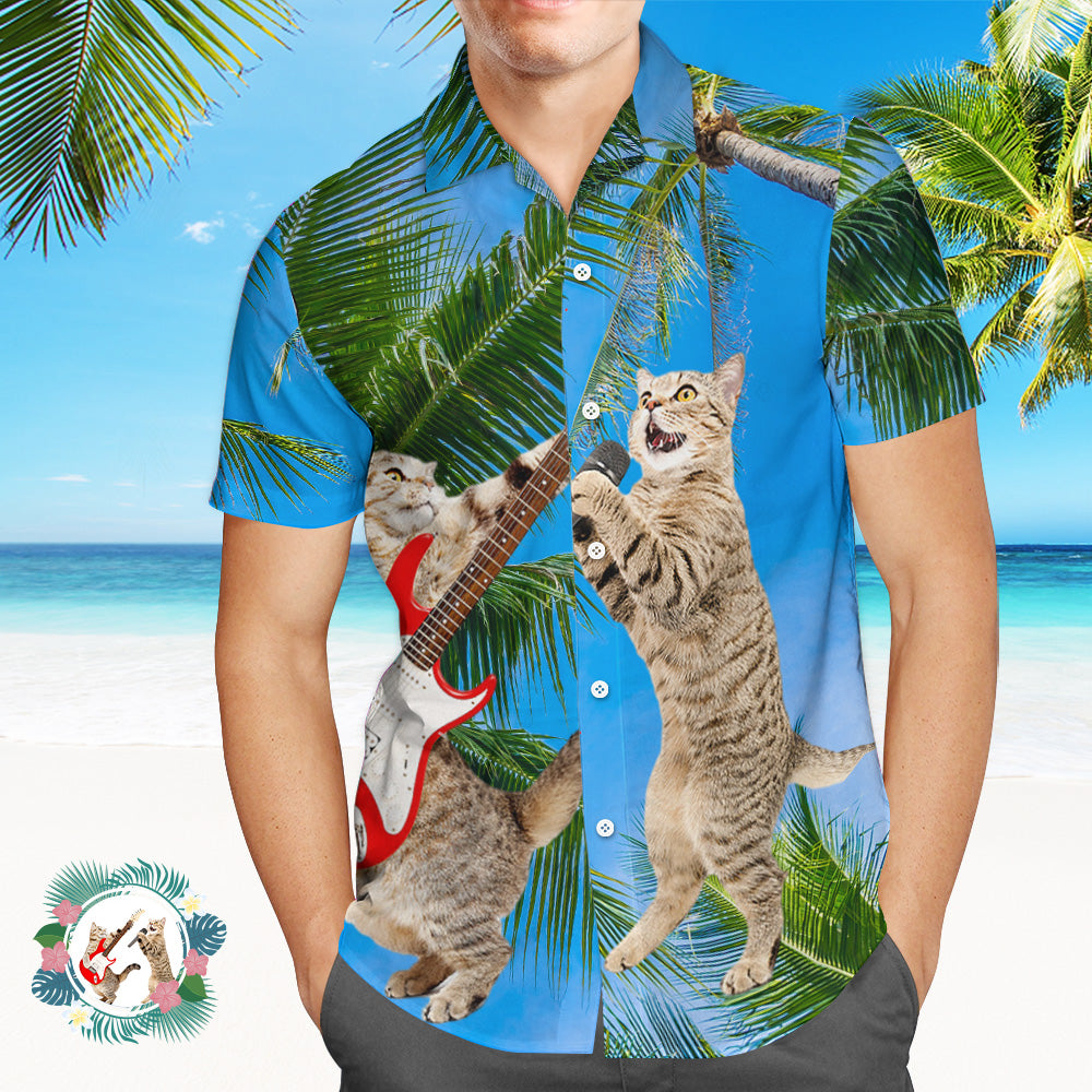 Custom Photo Hawaiian Shirt Tropical Coconut Tree Beach Hawaiian Shirt Men Cat Band Guitar - MyPhotoSocks