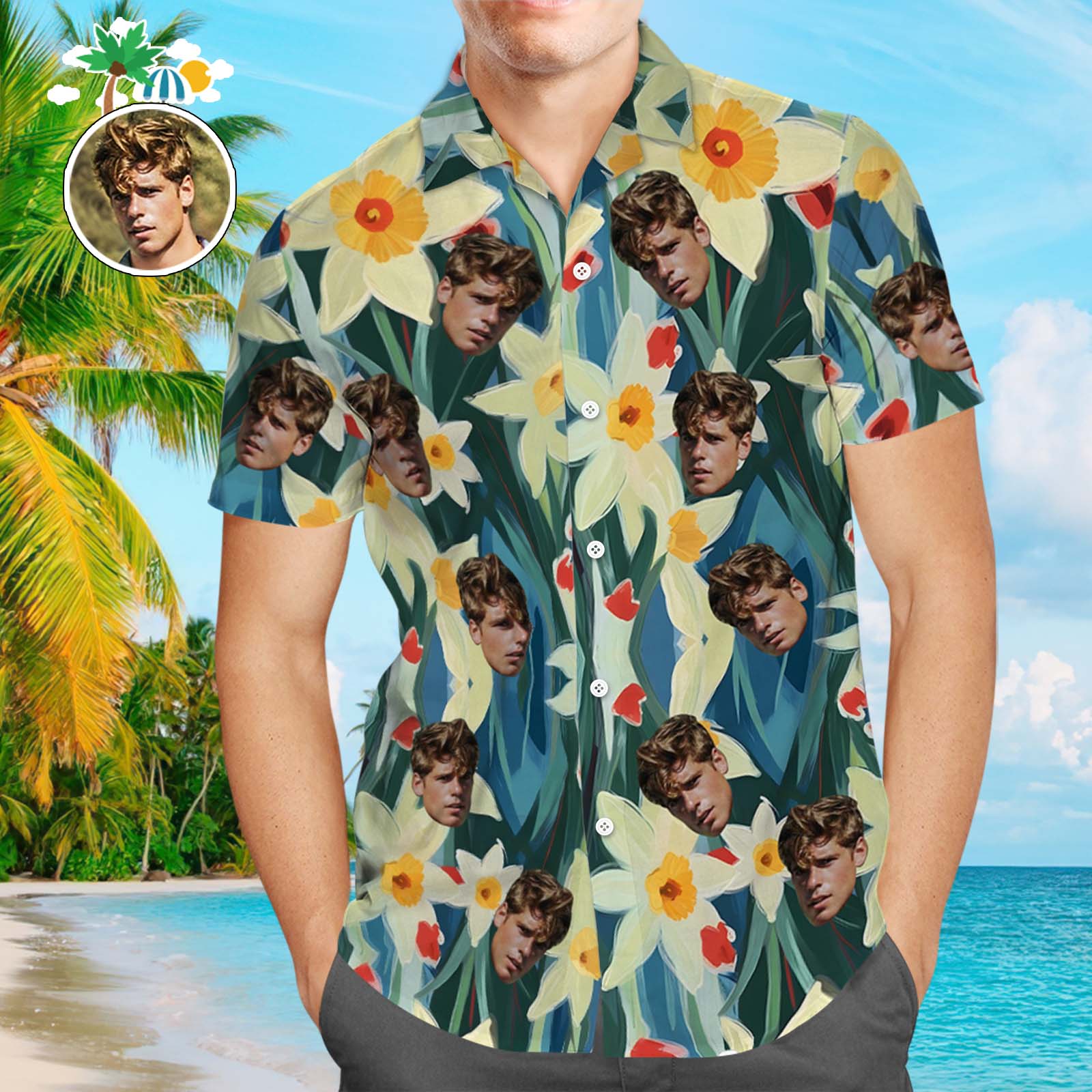 Custom Face Leaves Hawaiian Shirts Flamingo Hawaiian Shirt For Dad Father's Day Gift - MyPhotoSocks