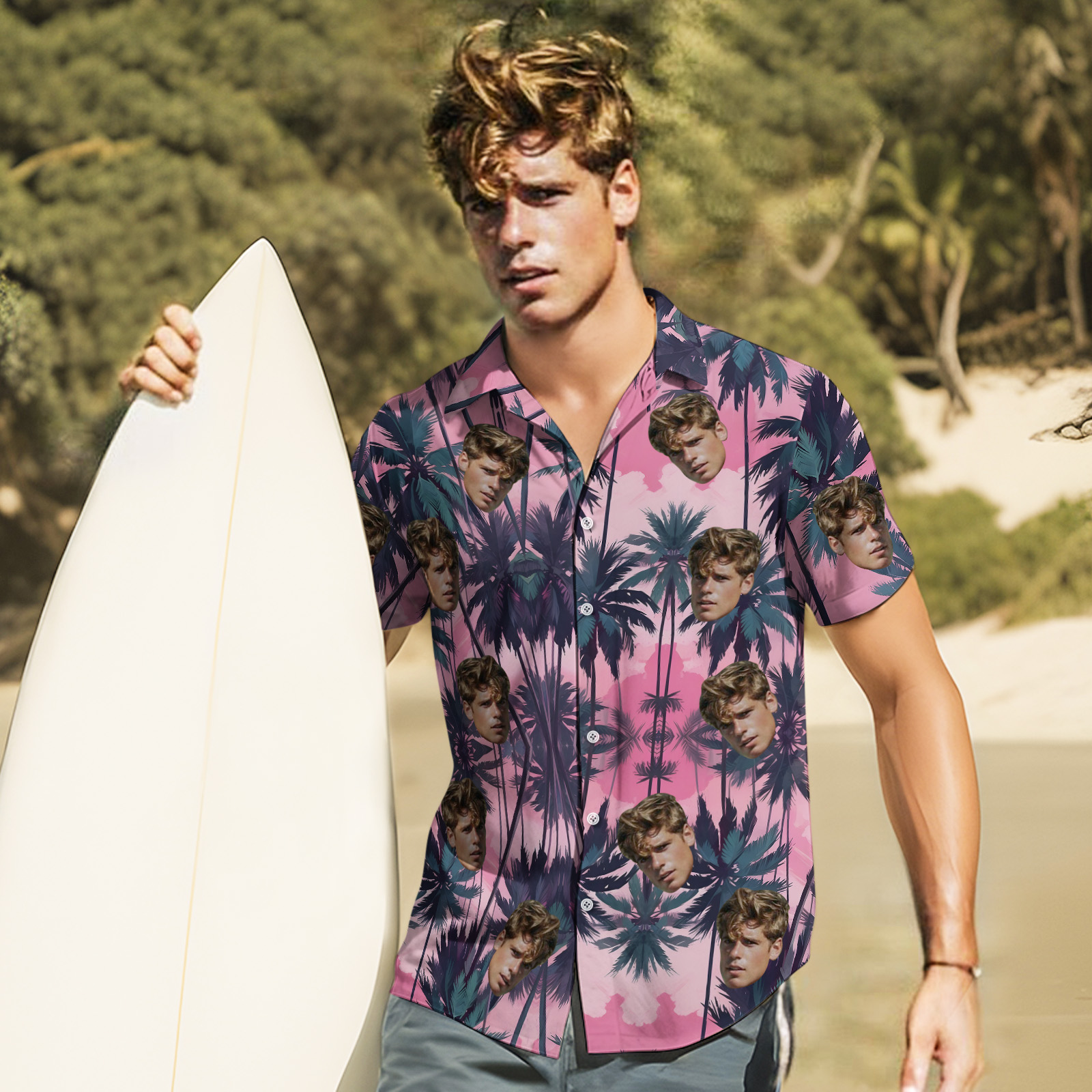 Custom Face Leaves Hawaiian Shirt Flamingo Hawaiian Shirt For Dad - MyPhotoSocks