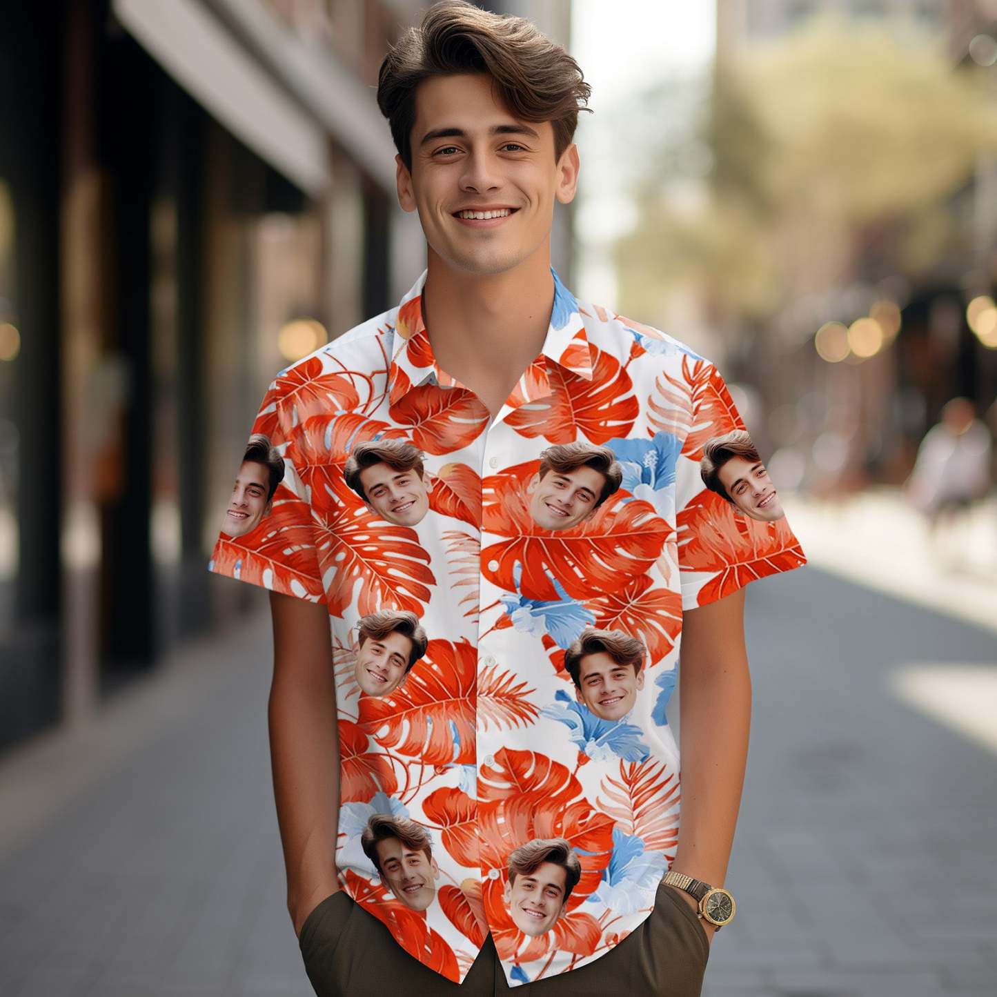 Custom Face Hawaiian Shirts Tropical Red Sleeves and Flowers Face Hawaiian Shirt - MyPhotoSocks