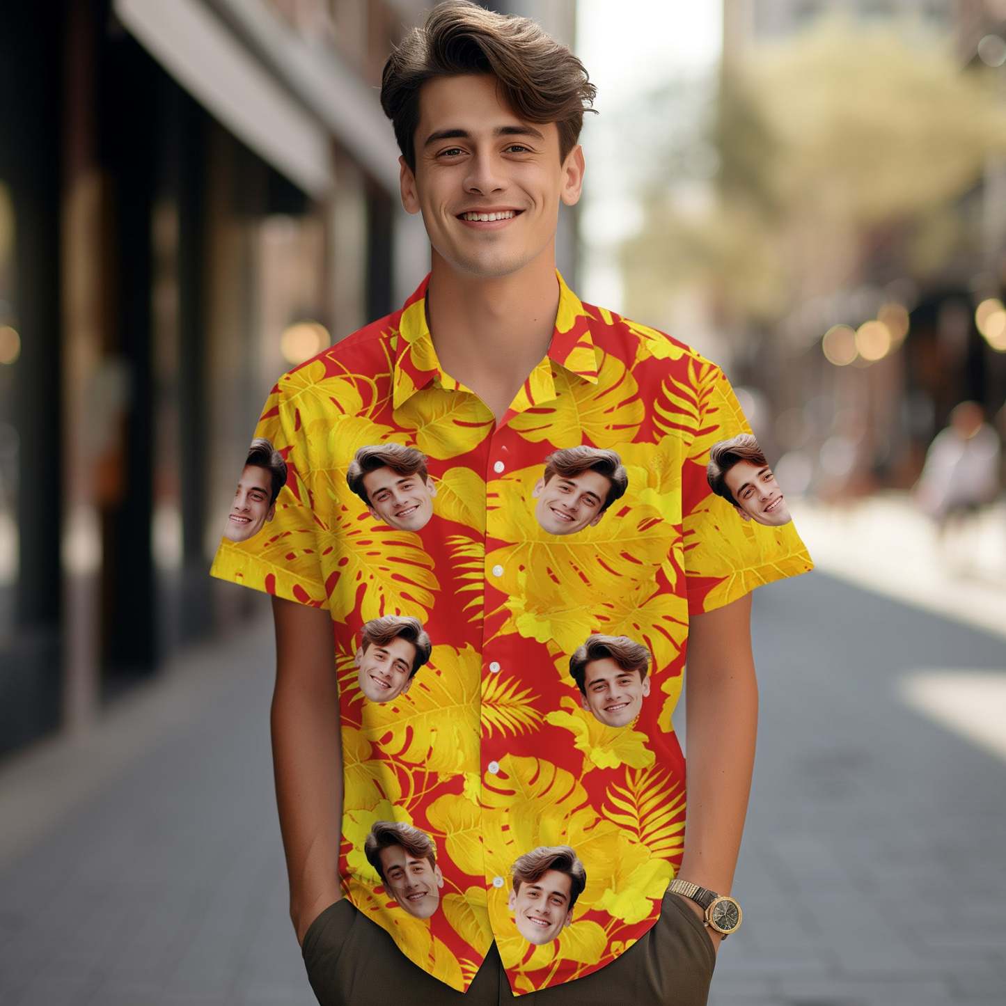 Custom Face Hawaiian Shirts Tropical Sleeves and Flowers Face Red Hawaiian Shirt - MyPhotoSocks