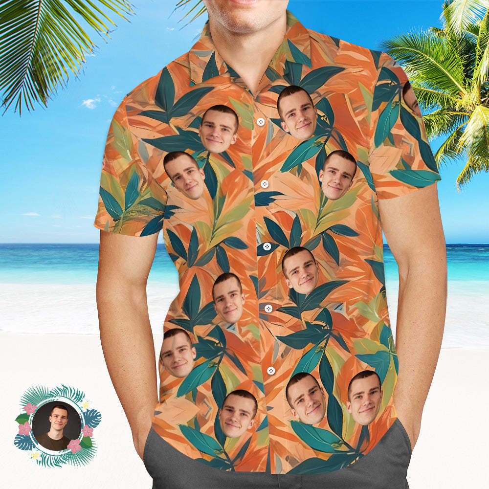 Custom Face Hawaiian Shirts Tropical Leaves Pattern Orange Hawaiian Shirt