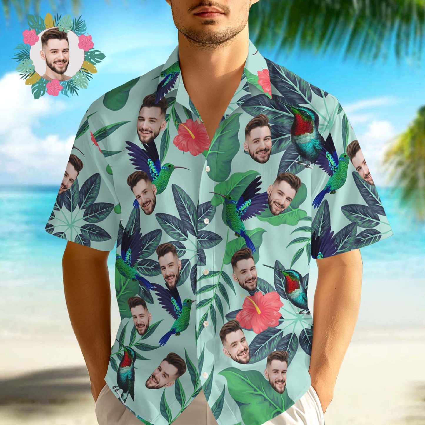 Custom Tropical Leaf Hummingbird Hawaiian Shirt Face Hawaiian Shirt - MyPhotoSocks