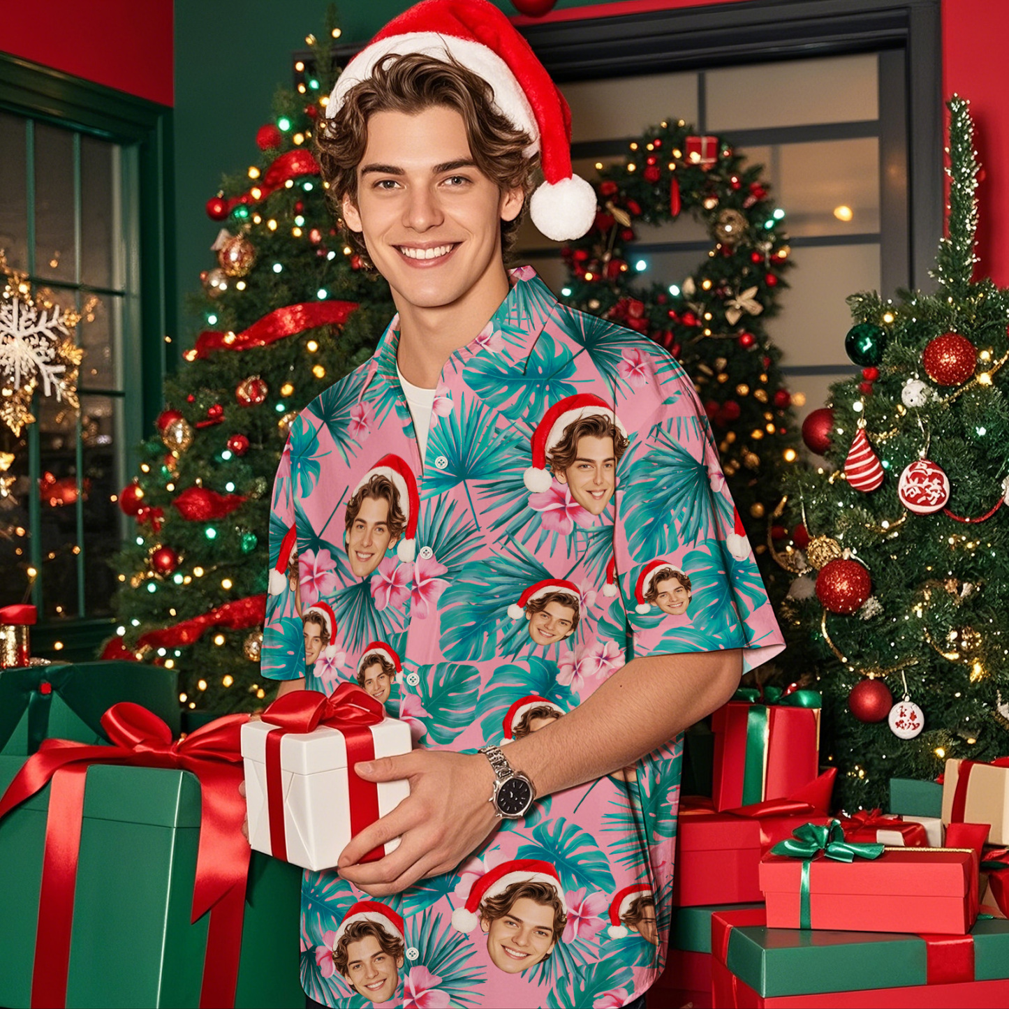 Custom Face Hawaiian Shirt Personalized Flamingo Leaves Beach Holiday Christmas Face Hawaiian Shirt - MyPhotoSocks