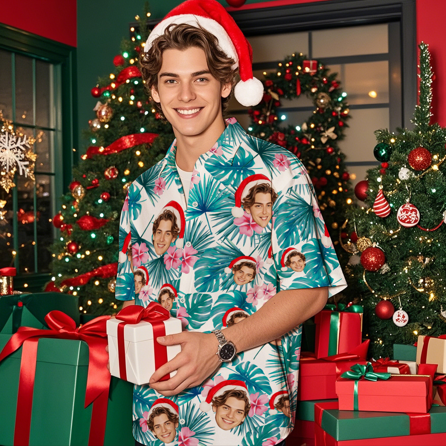 Custom Face Hawaiian Shirt Personalized Flamingo Leaves Beach Holiday Christmas Face Hawaiian Shirt - MyPhotoSocks