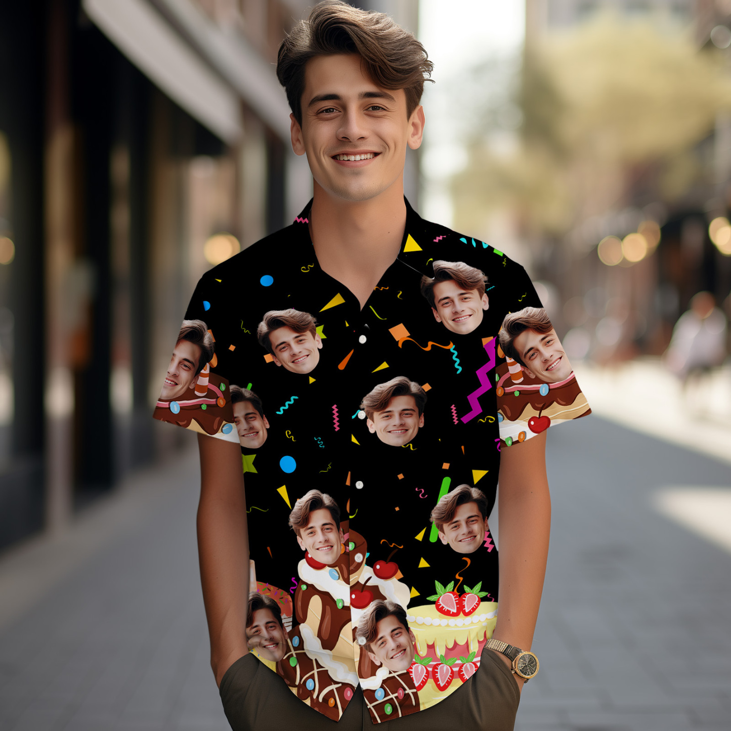 Custom Face Hawaiian Shirt Personalized Birthday Cake Name and Age Face Men Hawaiian Shirt Birthday Party Gift - MyPhotoSocks