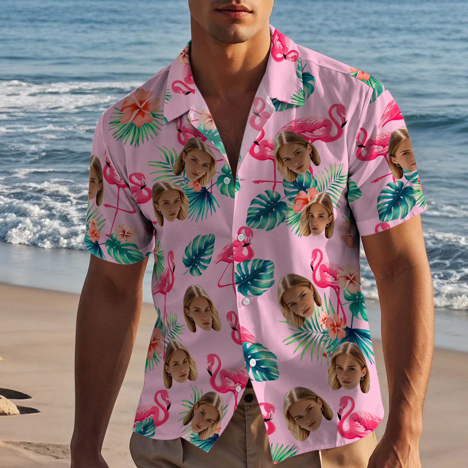 Custom Face Hawaiian Shirts With Face Colorful Flamingo Aloha Beach Shirt - Pink - MyPhotoSocks