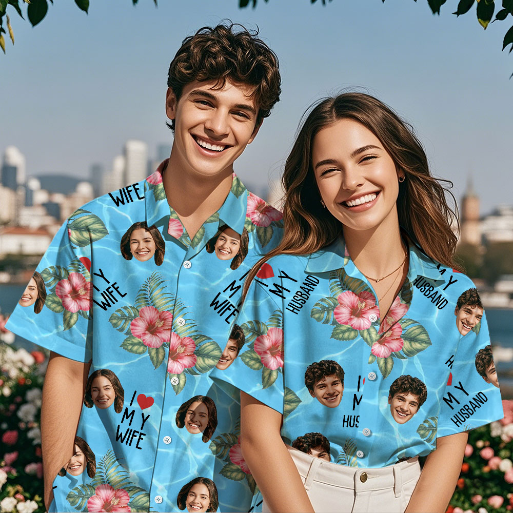 Personalized Face Hawaiian Shirt Summer Vacation Couple Face Hawaiian Shirt I Love My Wife Hawaiian Shirt - MyPhotoSocks