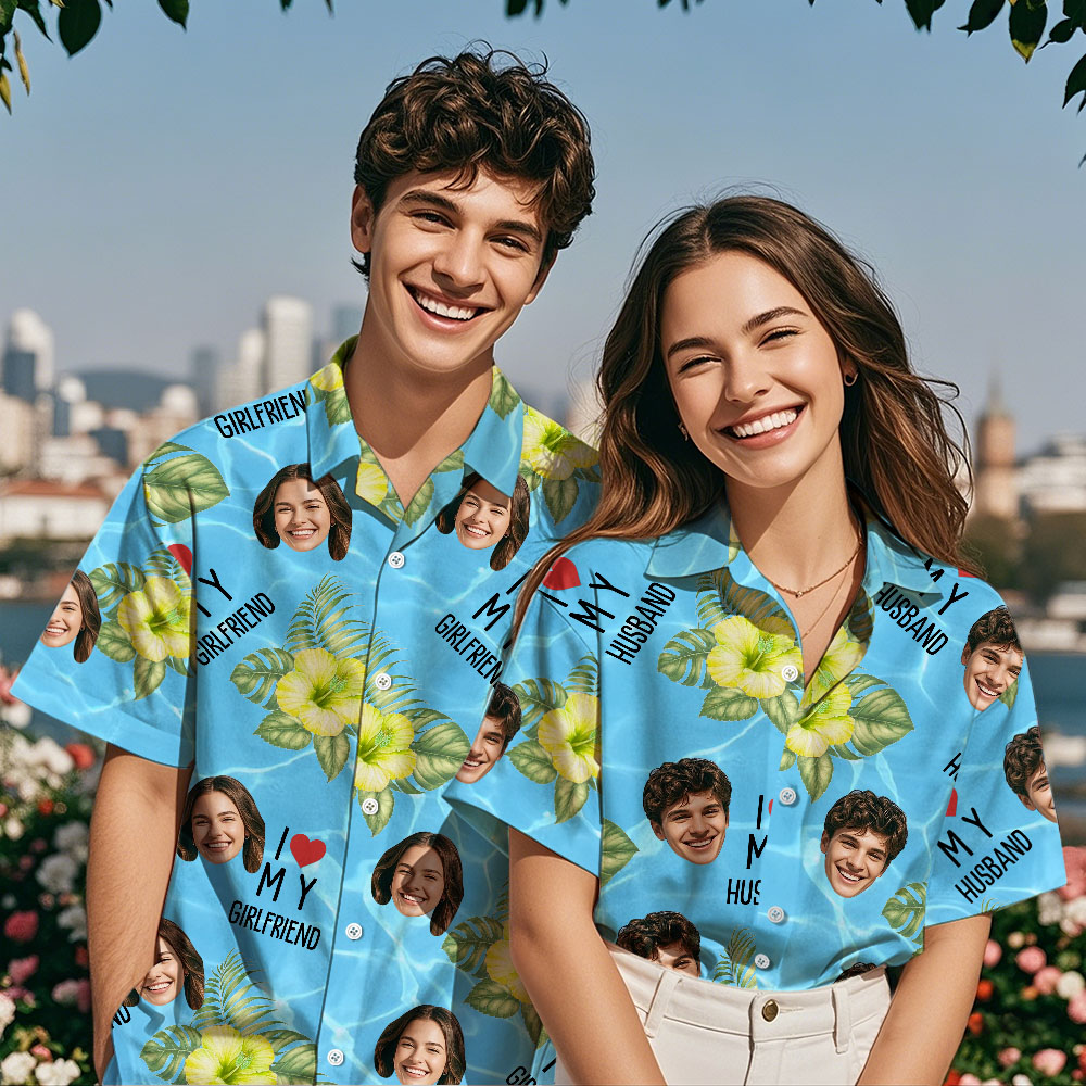 Personalized Face Hawaiian Shirt Summer Vacation Couple Face Hawaiian Shirt I Love My Wife Blue Flower Hawaiian Shirt - MyPhotoSocks