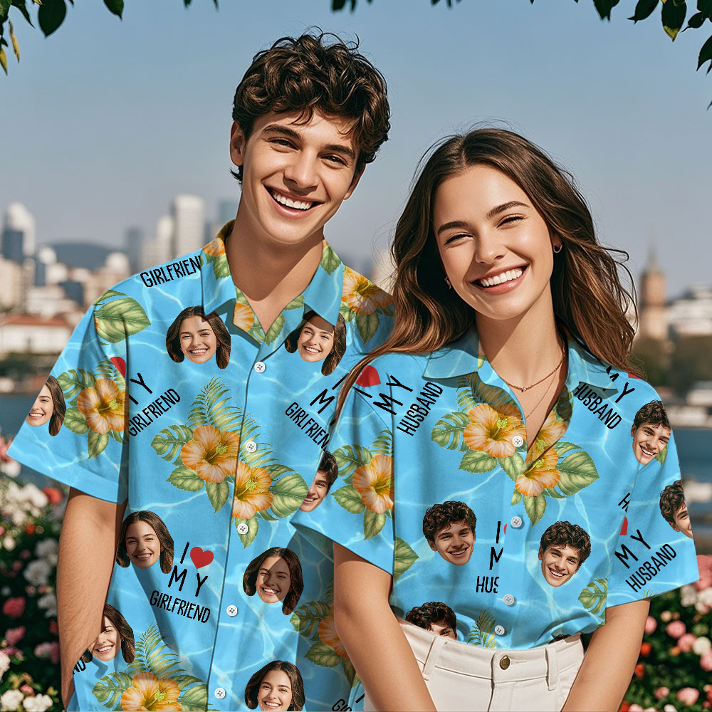 Personalized Face Hawaiian Shirt Summer Vacation Couple Face Hawaiian Shirt I Love My Wife Light Blue Flower Hawaiian Shirt