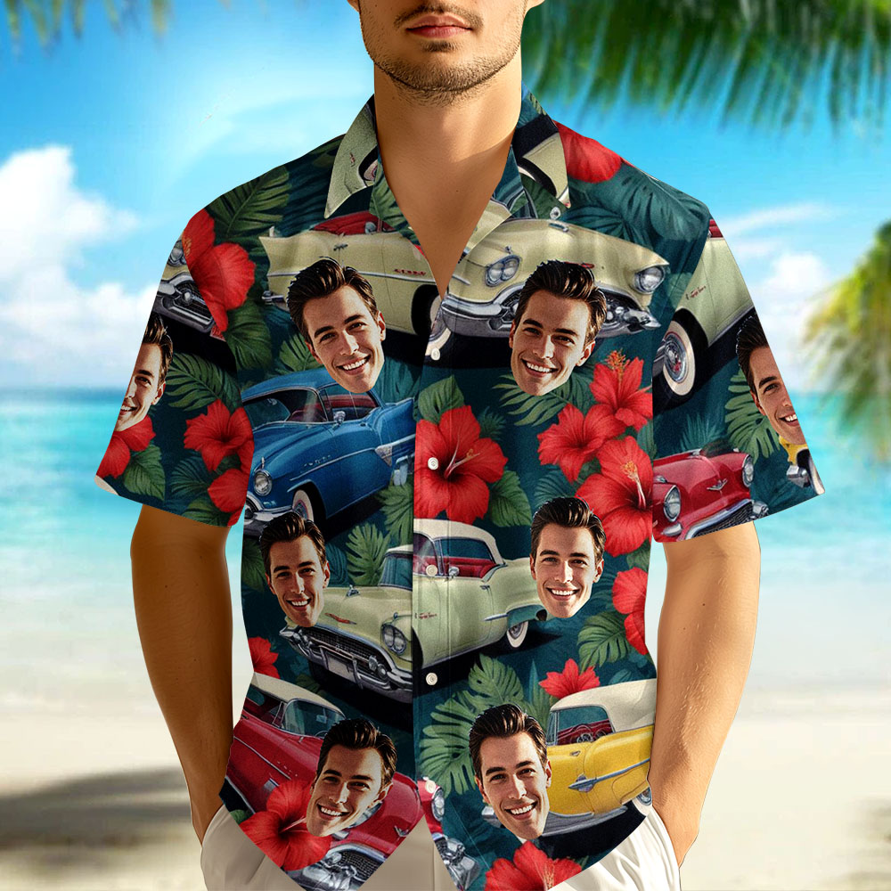 Custom Face Hawaiian Shirt Classic Flower Car Photo Hawaiian Shirt Gift for Him - MyPhotoSocks