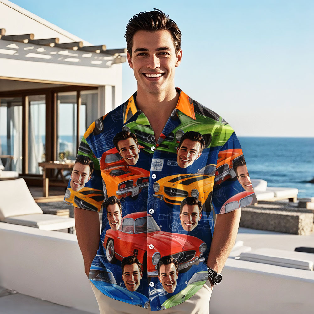 Custom Face Hawaiian Shirt Classic Colorful Car Photo Hawaiian Shirt Gift for Him - MyPhotoSocks