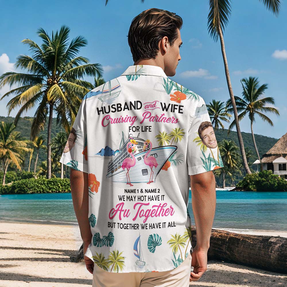Personalized Face Cruising Partners Hawaiian Shirt Flamingo Husband And Wife Face Hawaiian Shirt - MyPhotoSocks