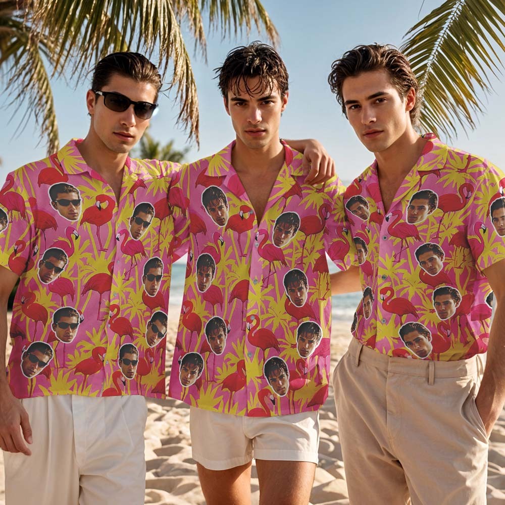 Custom Hawaiian Shirt Pink Flamingo Photo Hawaiian Shirt Funny Vacation Party Shirts