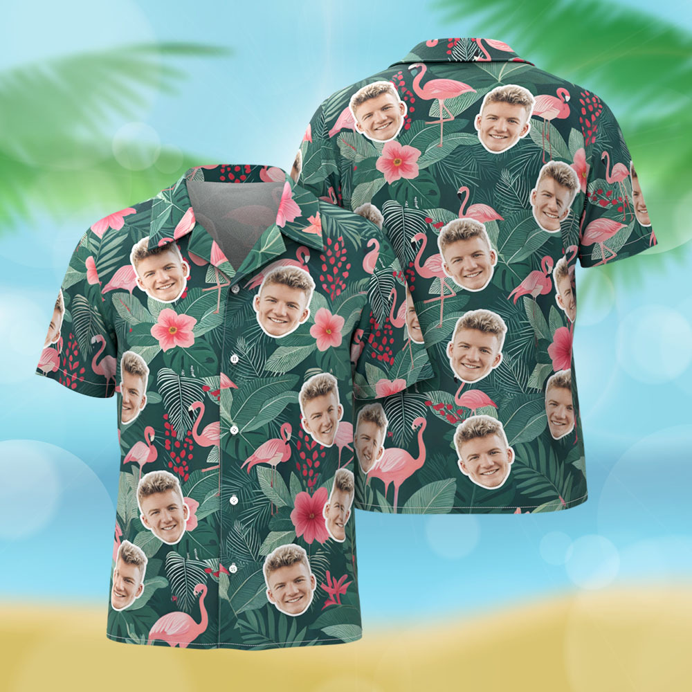 Custom Hawaiian Shirt Green Flower Flamingo Photo Hawaiian Shirt Funny Vacation Party Shirts