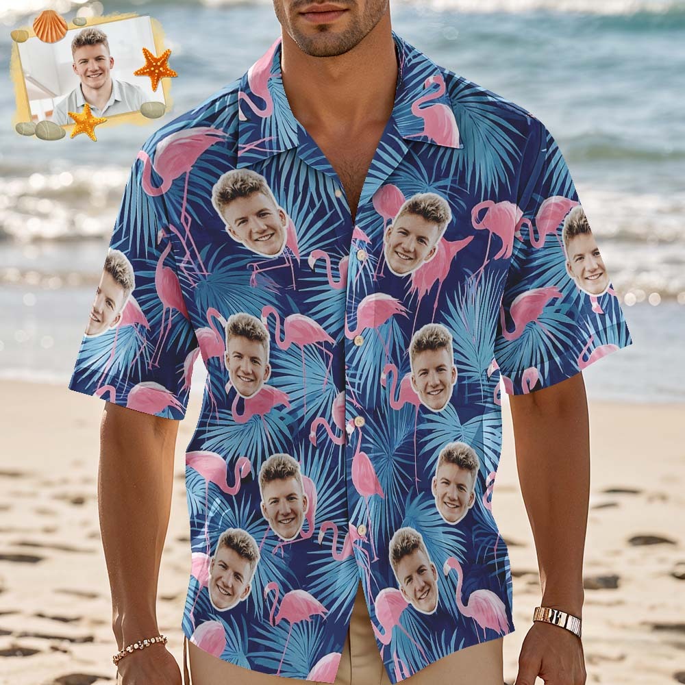 Custom Hawaiian Shirt Blue Flower Flamingo Photo Hawaiian Shirt Funny Vacation Party Shirts
