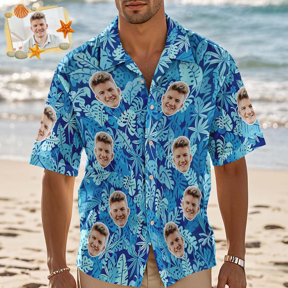 Personalized Blue Leaf Hawaiian Shirt Custom Face Photo Shirt for Men Fun Summer Vacation Outfit - MyPhotoSocks