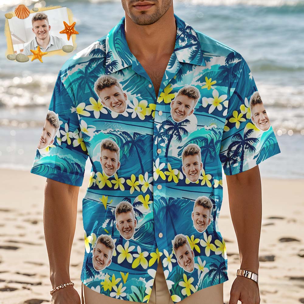 Personalized Yellow Flowers Blue Hawaiian Shirt Custom Face Photo Shirt for Men Fun Summer Vacation Gift - MyPhotoSocks