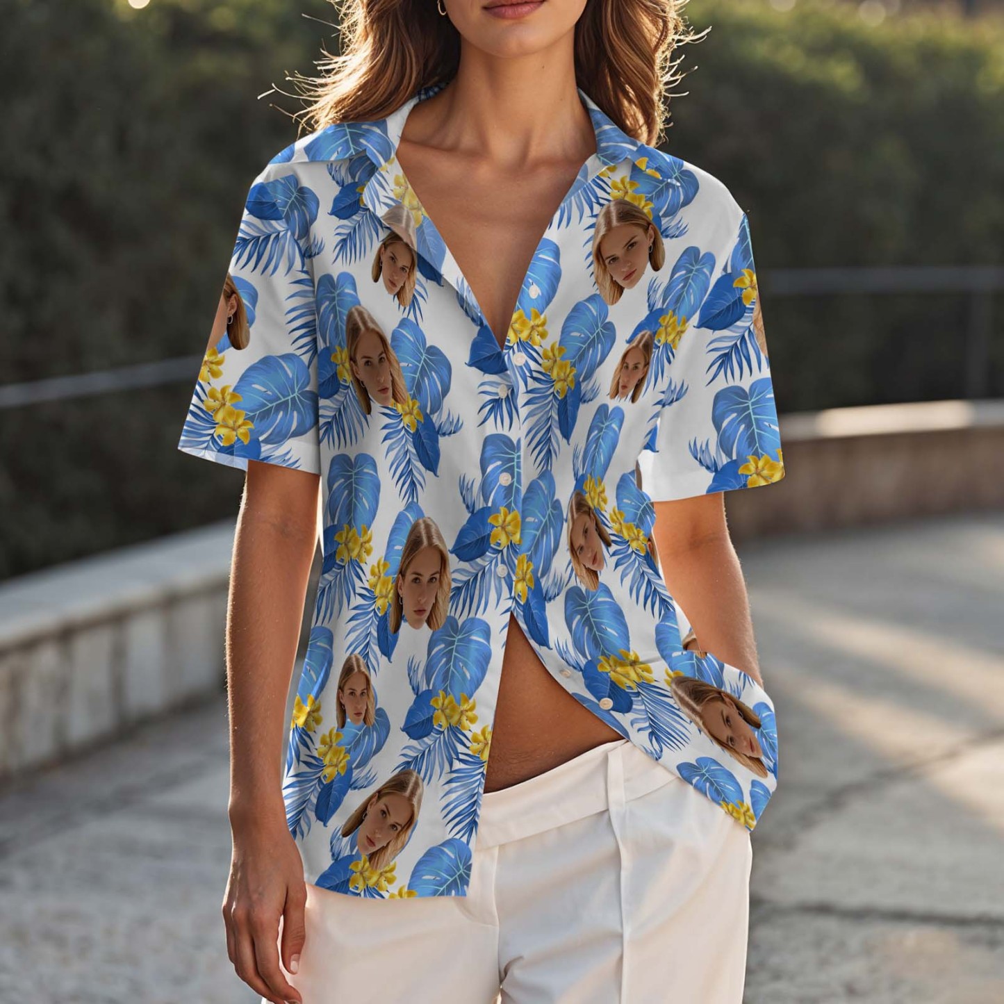 Custom Face Shirt Women's Hawaiian Shirt Blue Flower Vibe Shirts