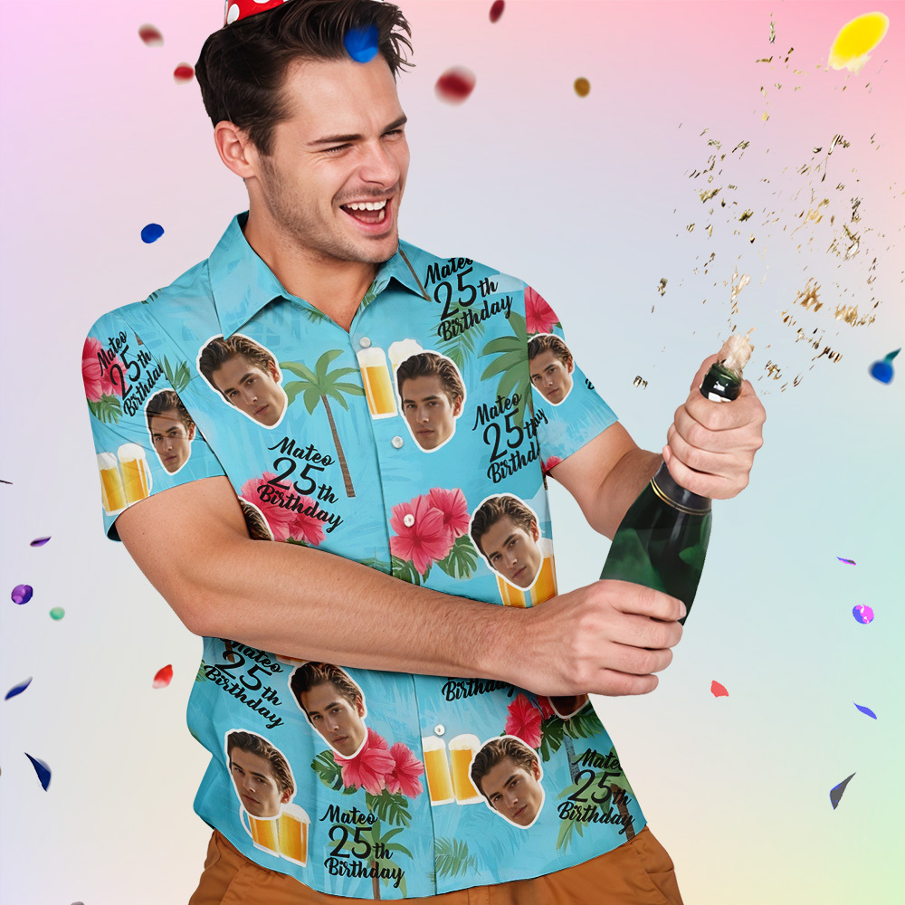 Personalized Birthday Hawaiian Shirt Custom Face Name Summer Birthday Party Beeer Shirt Aloha Birthday Hawaiian Shirt Birthday Gift - MyPhotoSocks