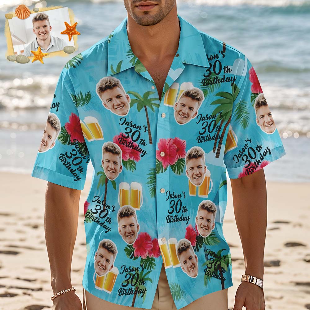 Personalized Birthday Hawaiian Shirt Custom Face Name Summer Birthday Party Blue Shirt Aloha Birthday Hawaiian Shirt Birthday Gift