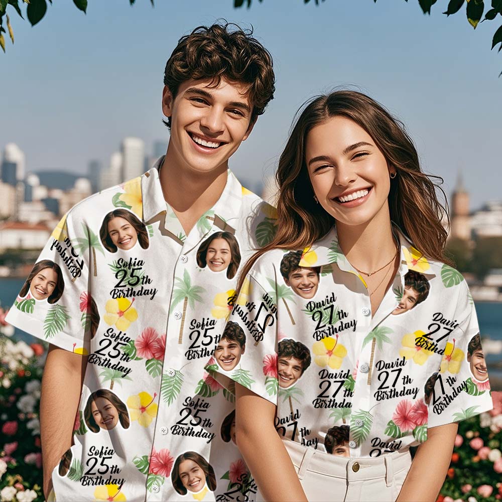 Personalized Birthday Couple Hawaiian Shirt Custom Face Name Summer Birthday Party White Shirt Aloha Birthday Hawaiian Shirt Birthday Gift