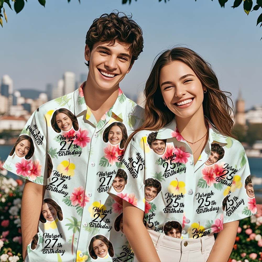 Personalized Birthday Couple Hawaiian Shirt Custom Face Name Summer Birthday Party Blue Shirt Aloha Birthday Hawaiian Shirt Birthday Gift - MyPhotoSocks