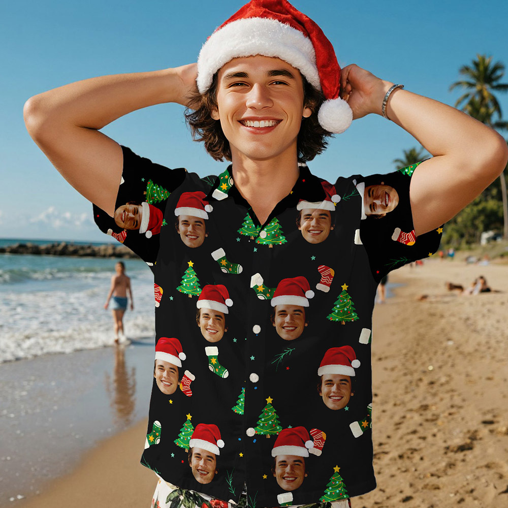 Custom Face Christmas Tree Shirt Hawaiian Shirt Xmas Top Gift for Family Friends Personalized Face Hawaiian Shirt - MyPhotoSocks
