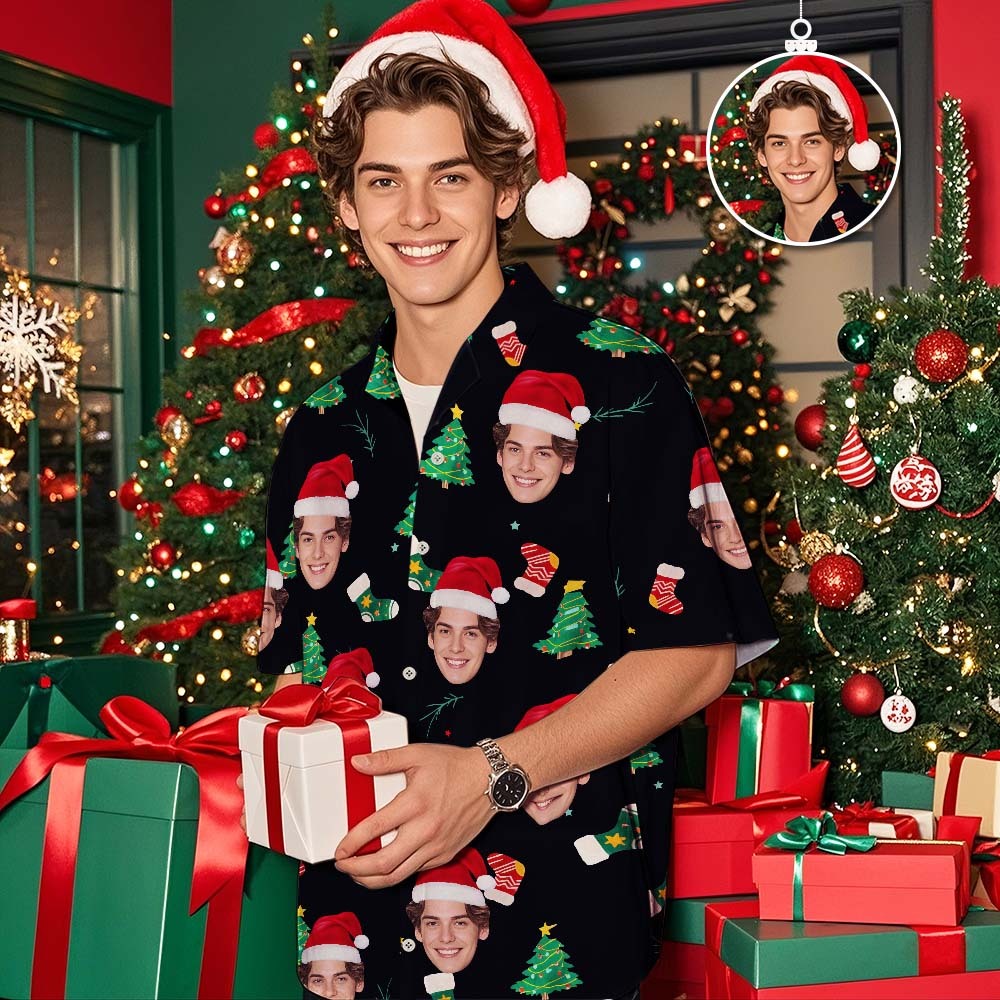 Custom Face Christmas Tree Shirt Hawaiian Shirt Xmas Top Gift for Family Friends Personalized Face Hawaiian Shirt - MyPhotoSocks