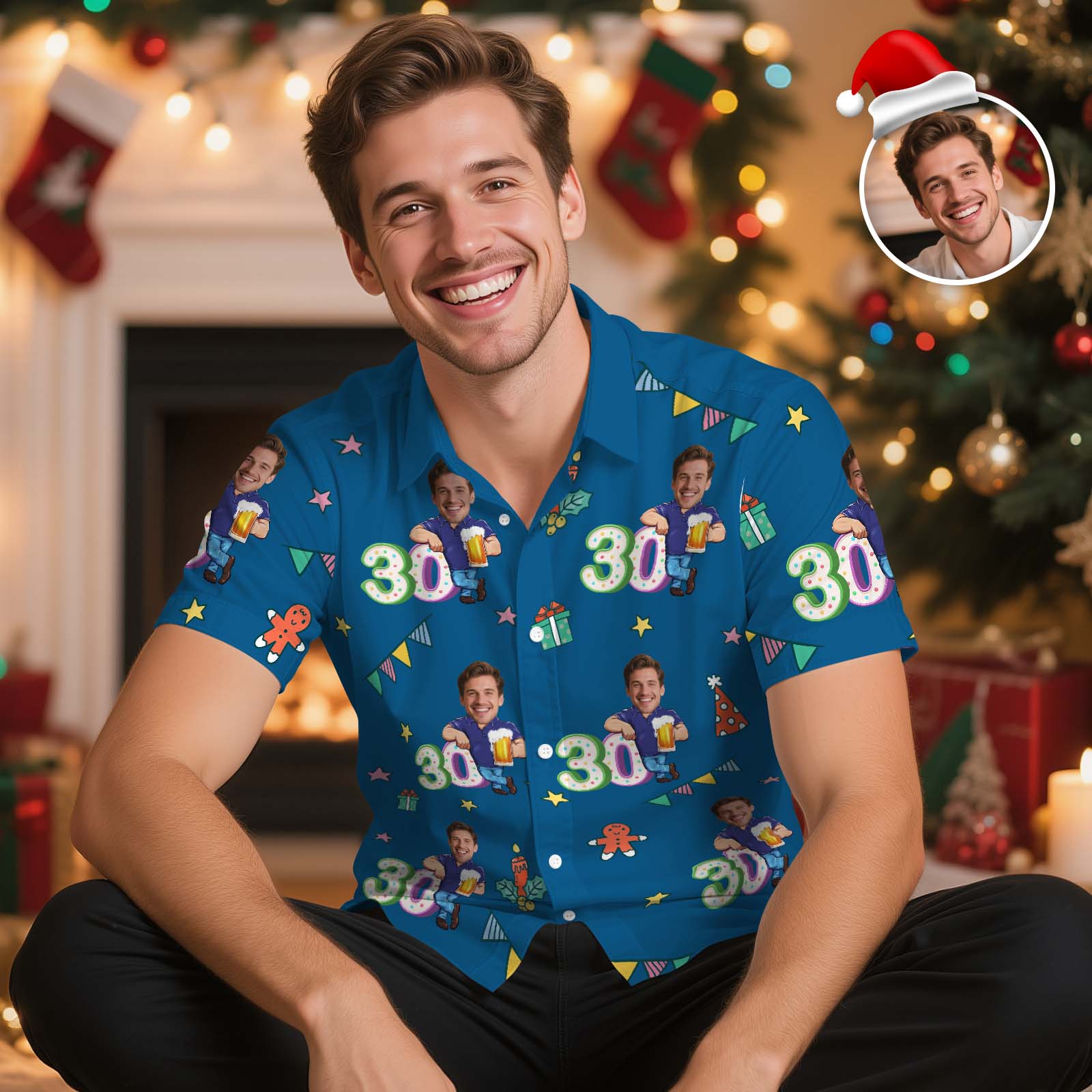 Custom Birthday Christmas Shirt Merry Christmas Multi-face Hawaiian Shirt  Gift for Family Friends Xmas Gift
